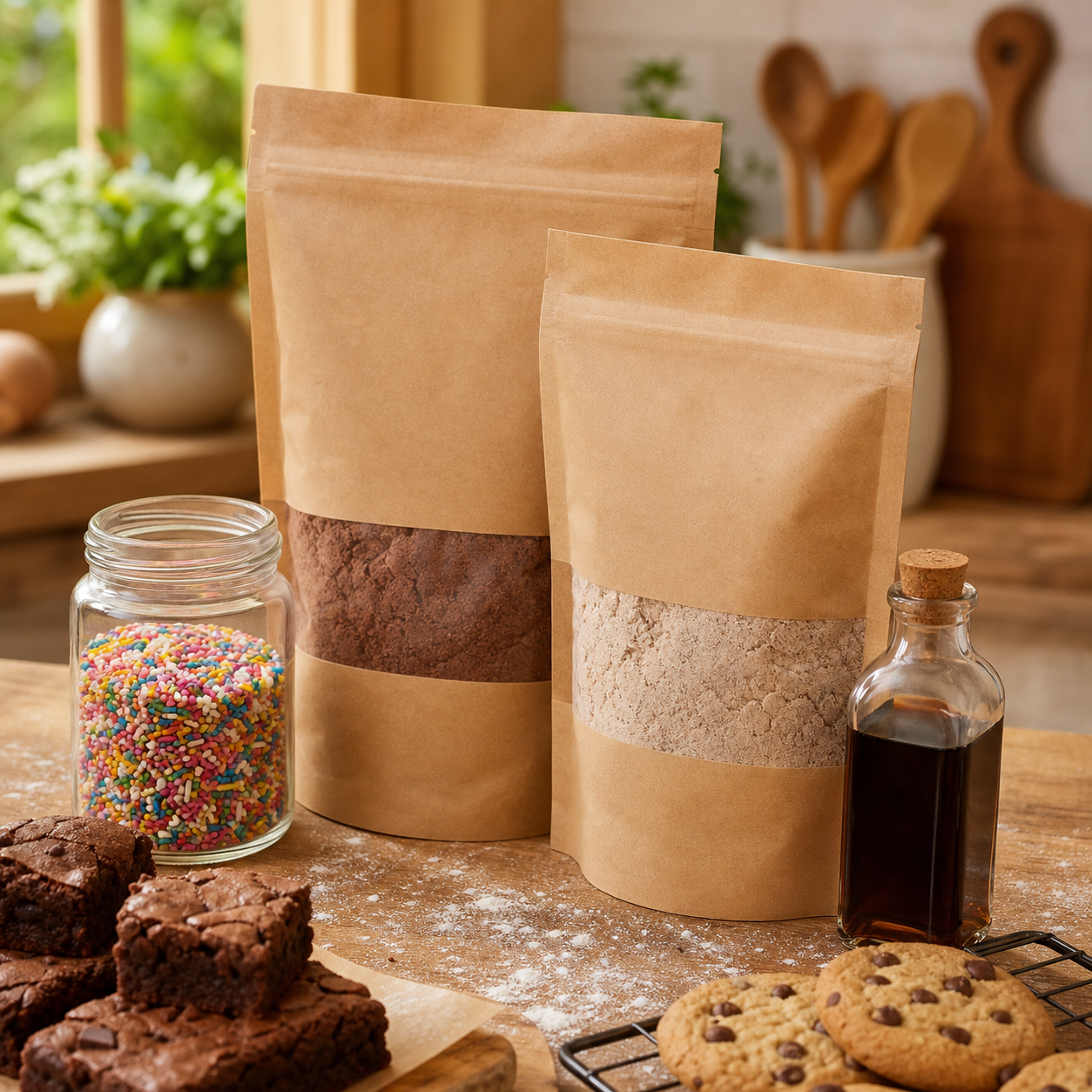 Baker's Sweet Kit: brownie and cookie mix pouches, sprinkles and vanilla on a floured counter.