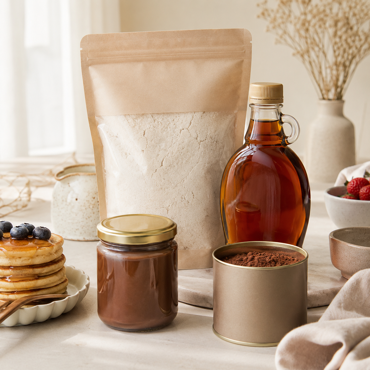 Brunch Sweets Kit: pancake mix, maple syrup, sweet spread and cocoa on a bright breakfast table.