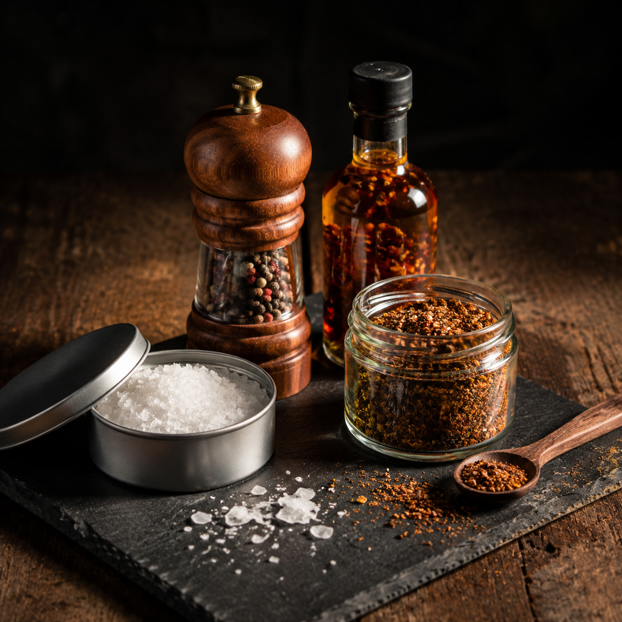 Chef's Finishing Kit: flaky sea salt, a pepper grinder, chilli oil and finishing spices on slate.