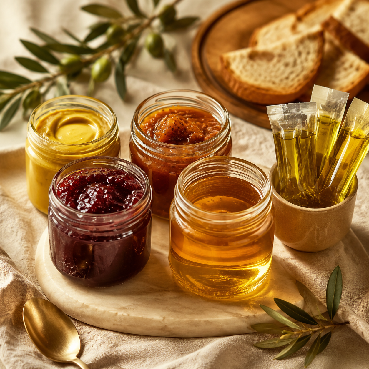 Condiment Corner Set: jars of mustard, chutney, jam, honey and olive-oil sachets on cream cloth.
