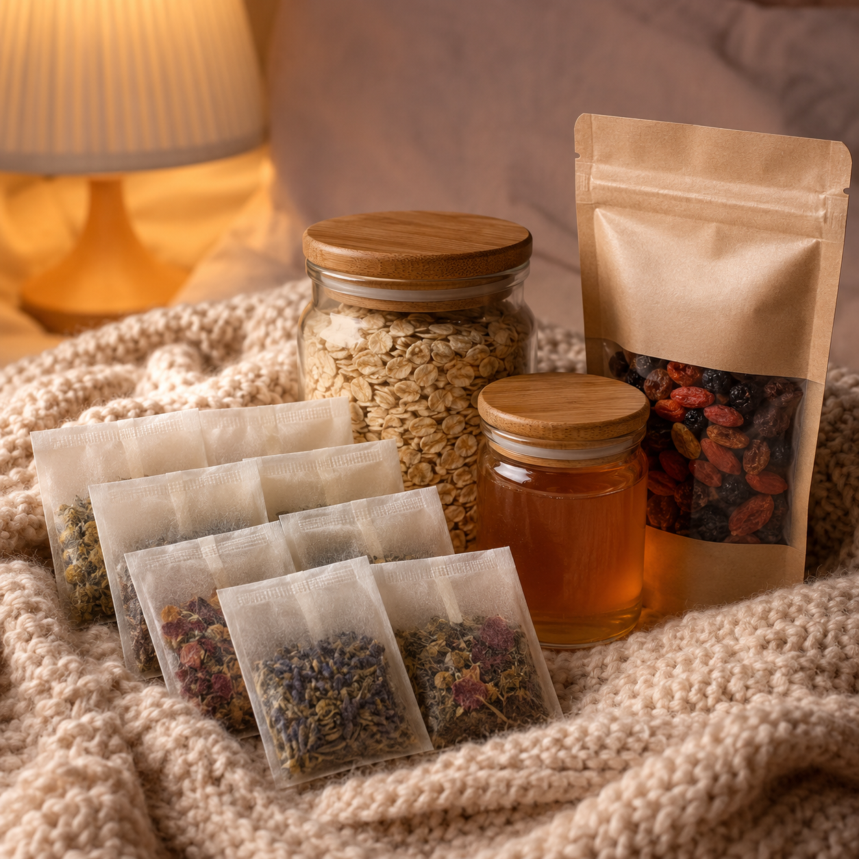Cosy Evening Caffeine-Free Kit: herbal tea bags, an oat jar, honey and dried berries on knitted textile.