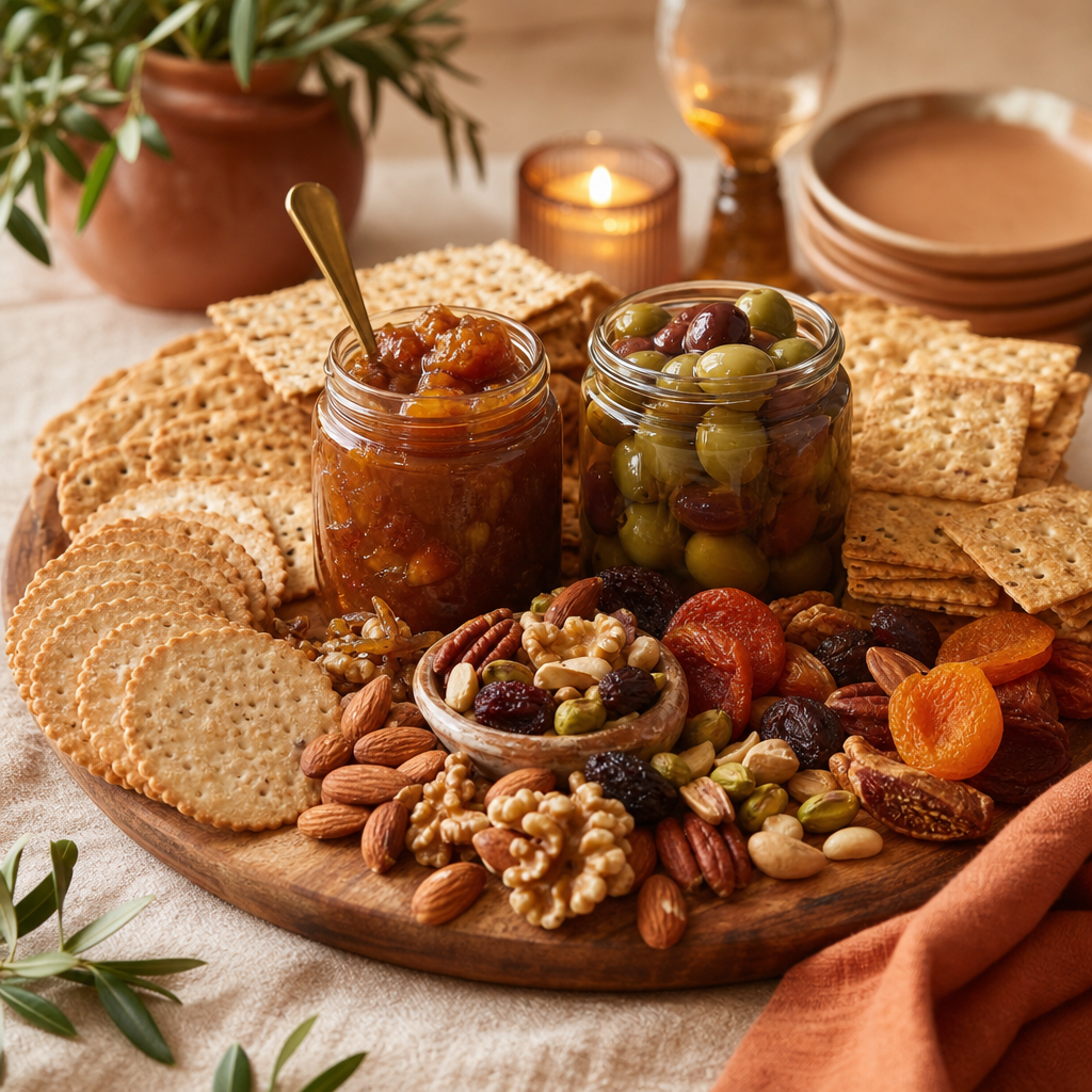Grazing Pantry Board: crackers, chutney, olives, nuts and dried fruit on a wooden serving board.