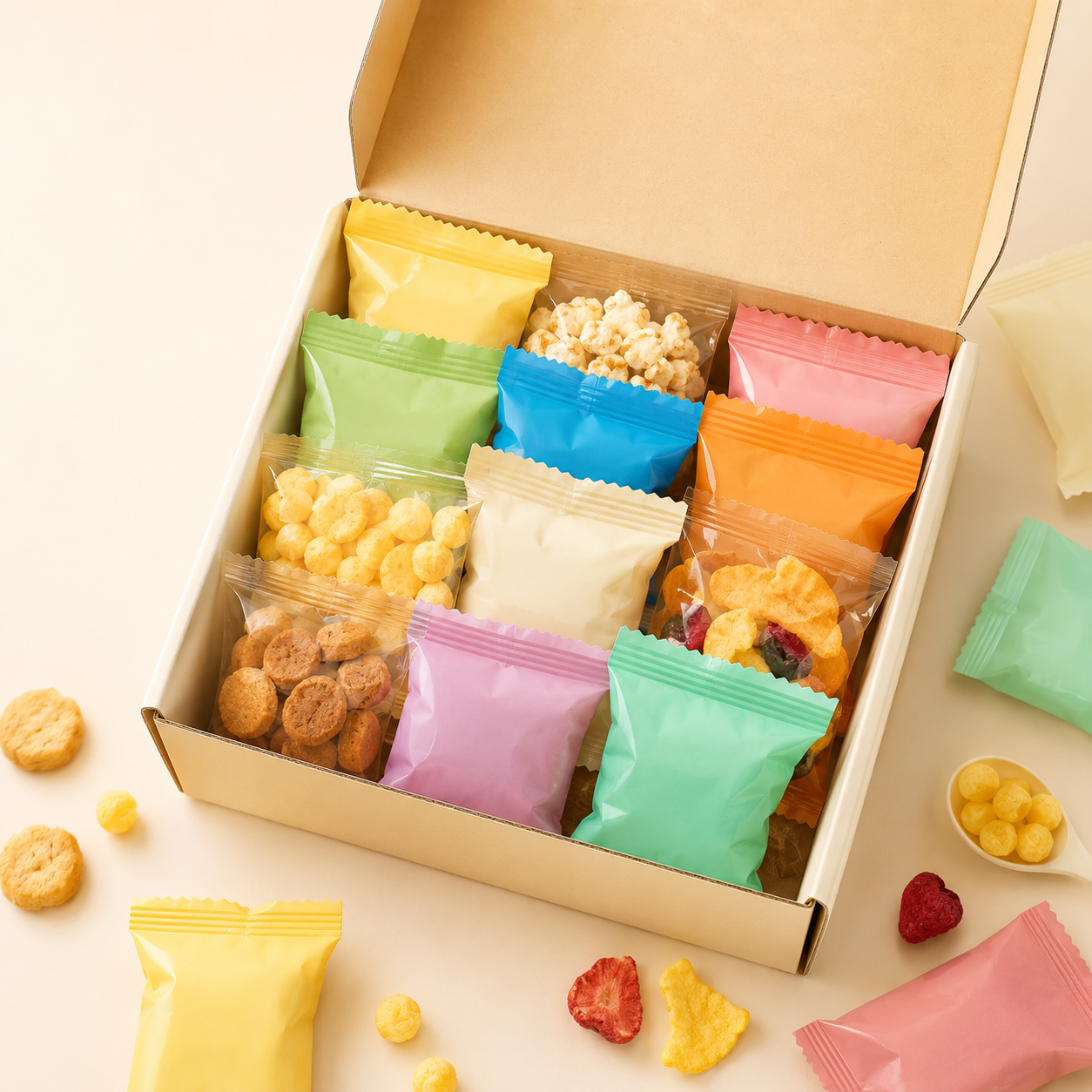 Little Explorer Snack Kit: assorted child-friendly packaged snacks arranged in an open box.