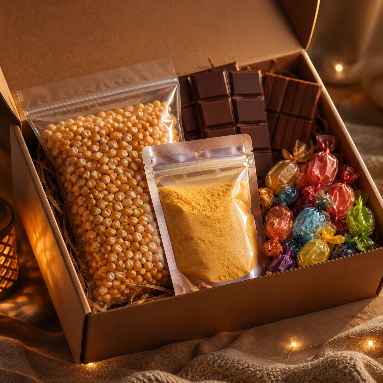 Movie Night Munch Box: popcorn kernels, seasoning, chocolate bars and wrapped candy.