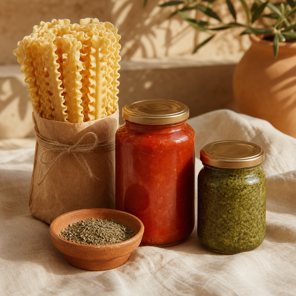 Pasta Night Kit: dried pasta, tomato sauce, green pesto and herbs on cream linen.
