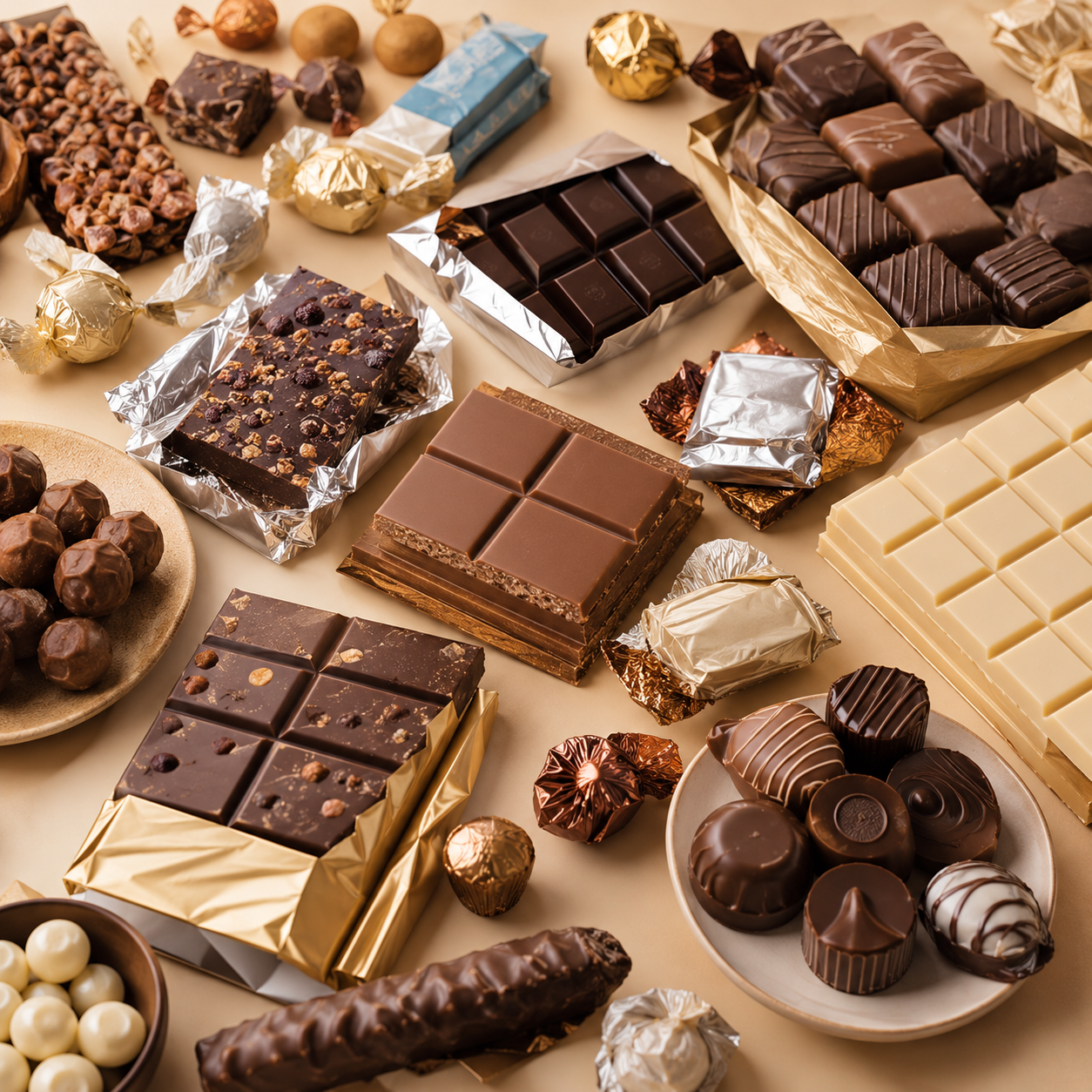 Sweet Tooth World Box: assorted regional chocolate bars and wrapped confectionery on cream.
