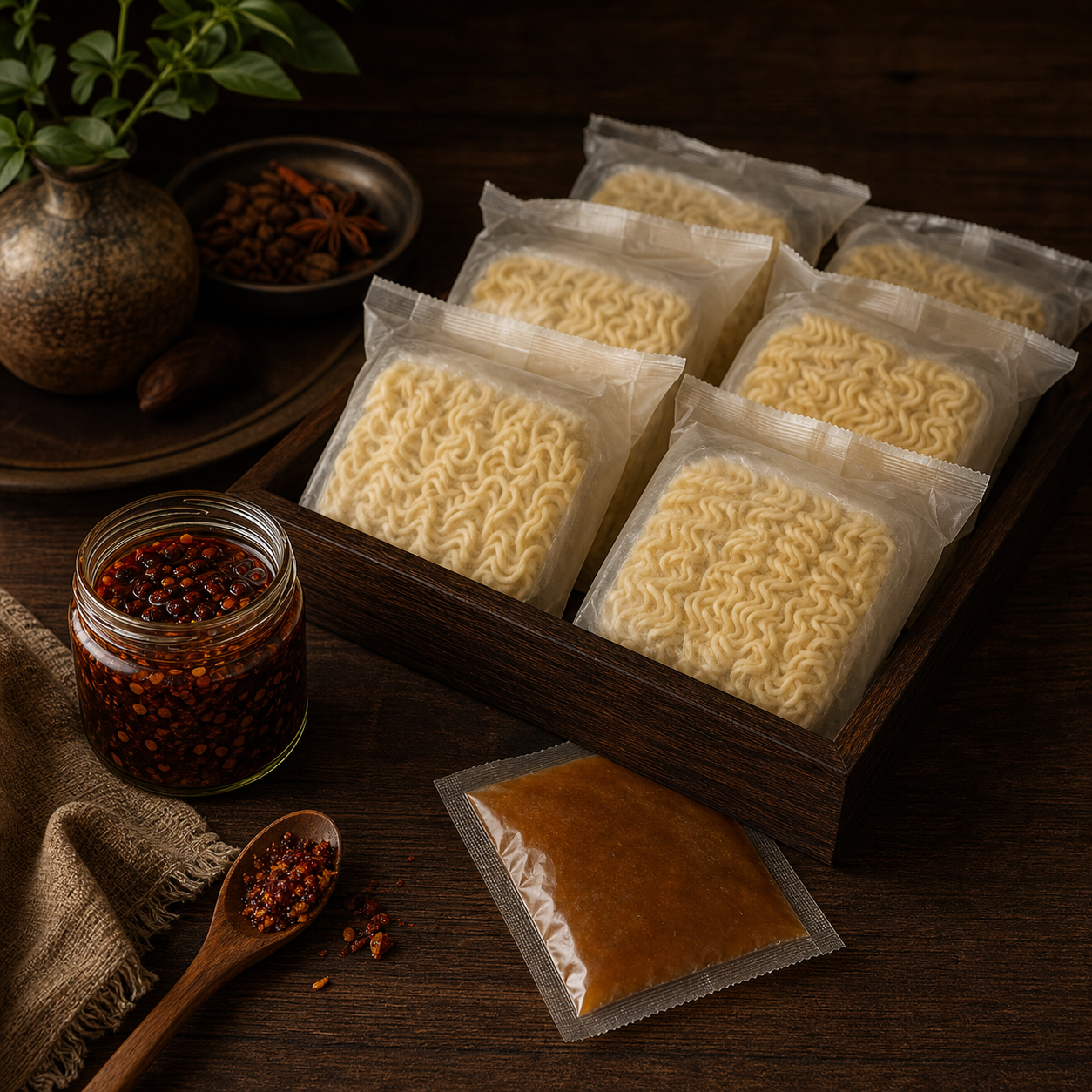 Umami Noodle Bar: six packaged noodle blocks, chilli oil jar and a stock sachet on dark wood.